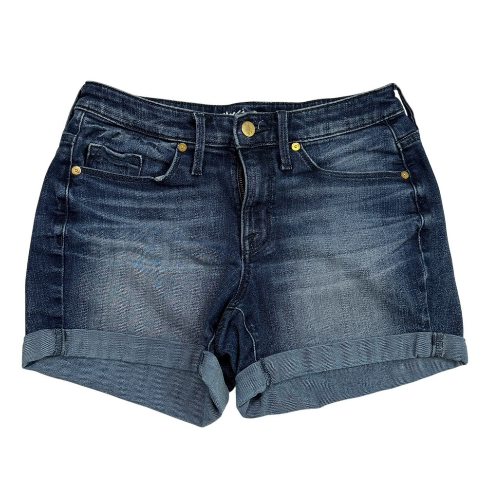 Mossimo High Rise Midi Denim Blue Jean Shorts Cuffed Dark/Medium Wash Sz 4/27